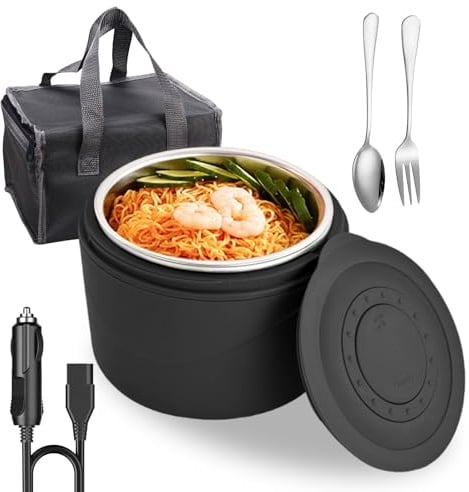 GOMETY Elektrische Lunchbox, 1.2L Beheizbare Speisenwärmer, 80W Tragbare Beheizte Lunchbox mit Tasche, 2 In 1(12V/220V) Abnehmbare Beheizbare Brotdose für Auto Zuhause Arbeit Reisen Büro(Schwarz)