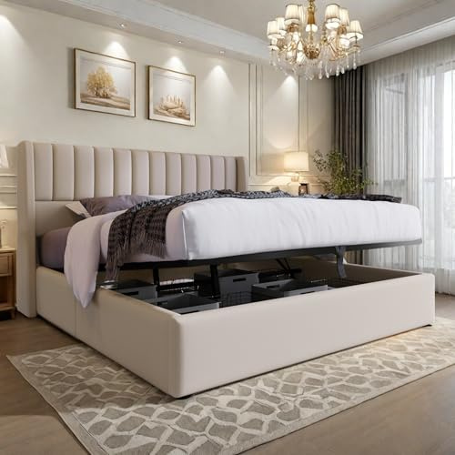 FEEOHOME Lit Coffre 160 x 200 cm, lit Double rembourré, Lit 2 Personnes avec Espace de Stockage hydraulique et sommier à Lattes, Cadre de Lits pour Adulte Adolescent, Beige, Lin