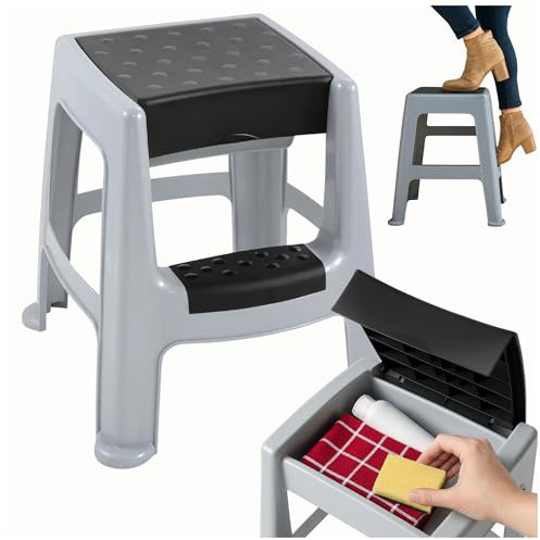 Stufenhocker mit Fach – Tritthocker aus Kunststoff, Anti‑Rutsch, tragbar & belastbar bis 150 kg, mit Stauraum unter der Sitzfläche, platzsparend & robust – für Haushalt, Küche, Bad – Kamai Home