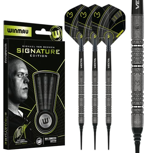 WINMAU – Michael Van Gerwen MvG Signature Edition - 90% Wolfram - Professionelles Dartset mit Dart Flüge und Schäften - Verfügbar in Weiche Spitze 18g und Stahlspitze 22g, 23g & 24g