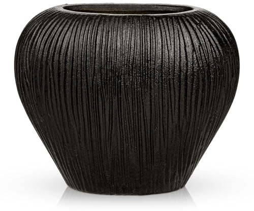 Flache Keramikvase Modern – Schmale Ribbed Vase für Pampasgras & Kunstblumen, Dekovase Keramik für Tisch, Regal & Sideboard, Boho Blumenvasen Wohndeko, Schwarz - 17 cm Hohe