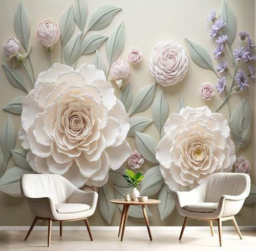 Fototapete 400x280cm, 3D-Blumen Seide Tapeten Weiße Rosen XXL Moderne Wandtapete Wand Dekoration für Wohnzimmer Schlafzimmer, Creme