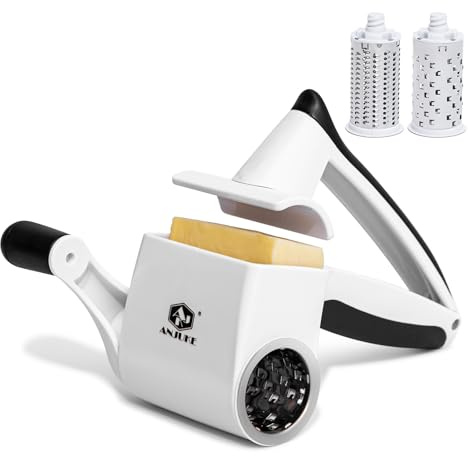 ANJUKE Rotary Cheese Grater Hand Crank, Parmesan Cheese Shredder Handheld with 2 Stainless Steel Drums for Hard Cheese, Chocolate and Nuts, Restaurant Quality, Dishwasher Safe