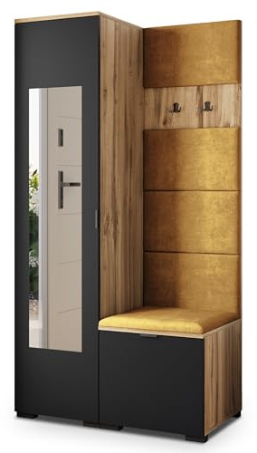 Masseno Flugarderoben Set VIRA, Kleiderschrank-Set mit Spiegel und Sitzbank, Garderobenschrank Flur mit 3 Regalböden, Eiche Wotan/Schwarz