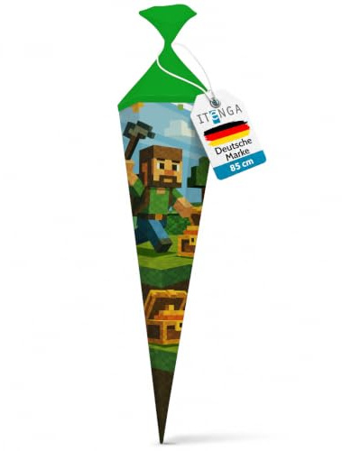 itenga Motiv Schultüte 85cm für Jungen – eckig mit Tüllverschluss – stabile Zuckertüte - Motiv, z. B. Dinosaurier, Traktor, Rennauto, Feuerwehr, Polizei, Fußball (Blockgame Pixel)