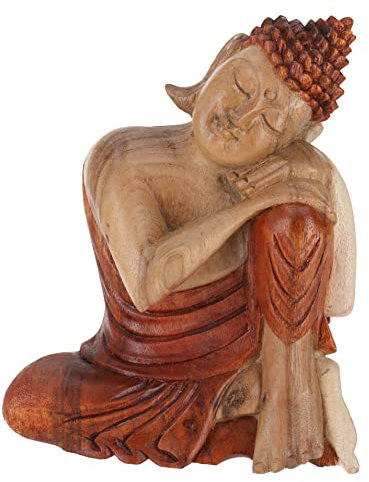 GURU SHOP Sitzender Buddha, Holzbuddha, Buddha Statue, Handarbeit 22 cm - Design 7
