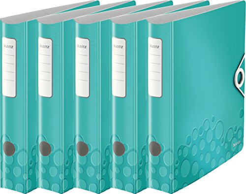 Leitz Aktenordner, A4, elastischer Verschluss, leichter Polyschaum, WOW Reihe, Metallic Ice Blue, 5er Ordner | schmal