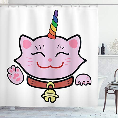 ABAKUHAUS Katze Duschvorhang, Rosa Maneki Neko, Stoffliches Gewebe Badezimmerdekorationsset mit Haken, 175 x 200 cm, Rosa Mehrfarbig