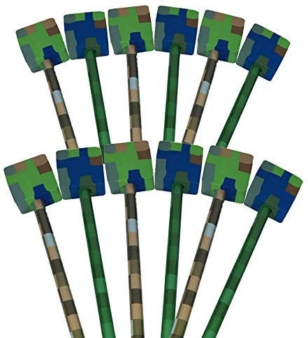 12 x Block Camouflage Pixel-Design, Bleistifte mit Aufsatz, Radiergummis Ideal als Partytütenfüller, Schülergeschenke und Geschenke für Kinder