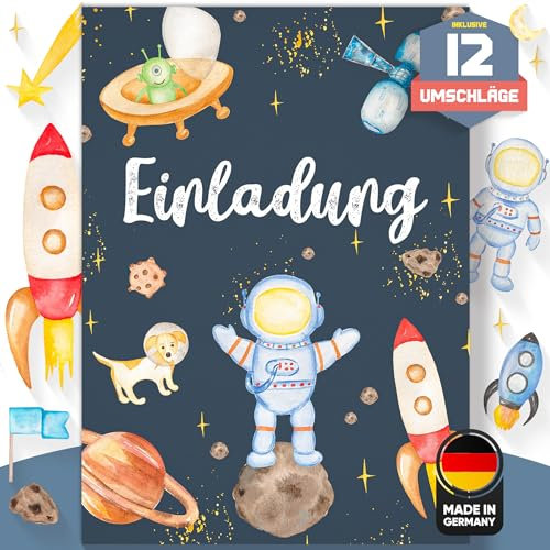 Olgs Astronauten Geburtstagseinladungen, 12er Set zum ausfüllen, Einladungskarten inkl. Umschläge, Ideal für Weltraum Mottoparty