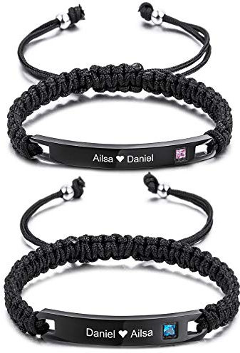 MeMeDIY Bracelet Personnalisé Bracelets Assortis pour Couples Gravé Nom Texte Date Bracelet en Corde Tressée Ajustable Étiquette Personnalisée en Acier Inoxydable (A2)