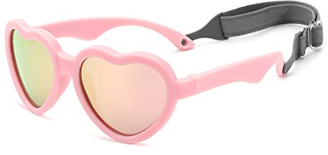 COASION Lunettes de soleil polarisées, en forme de cœur, avec bande réglable, pour nouveau-né, garçon et fille, protection TPEE UV400, Cadre rose / lentille miroir rose, m