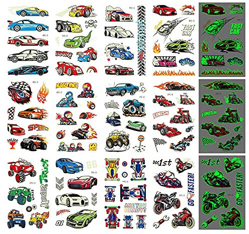 TAKUZA Tattoo Kinder, Luminous Race Car Temporäre Tattoos für Jungen -12 Blätter Glühen in der dunklen RaceCar Tattoos Dekorationen Zubehör Geschenke für Kinder Jungen Männer