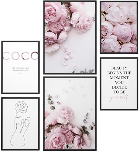 Papierschmiede® Mood Poster Set Coco Peony, Fertiges Bilder Set mit Rahmen (Holz, schwarz), Wohnzimmer Deko Schlafzimmer, 2x DIN A3 und 4x DIN A4, rosa Pfingstrosen Eukalyptus Floral