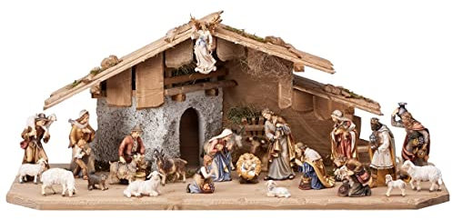 Generico Komplett-Set Weihnachtskrippe aus Holz mit Hütte 24 Teile, handgefertigt im Gardena-Val - Version mit bunten Figuren (Höhe Josef 16 cm)
