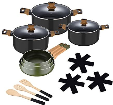 SAN IGNACIO Earth | Batería de Cocina de 12 Piezas | Incluye Sartenes, Cacerolas, Accesorios y Protectores | Fabricadas con Aluminio Prensado | Juego de Sartenes Antiadherentes | Todo Tipo de Cocinas