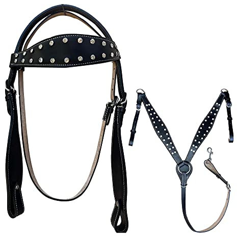 Hulara Top Grain Buff Leather Western Trensen- und Vorderzeug-Set Kopfstück und Pferdevorderzeug Western-Tack-Set Horse Chest Collar Western-Zaumzeug-Set Schwarzes Vorderzeug für Pferde