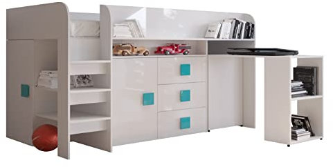 MEBLE KRYSPOL Toledo 1 Hochbett für Kinder, Jugendliche mit Stauraum - Etagenbett mit Schreibtisch, Kleiderschrank, Regal, Schubladen, Treppe - 203,3x106,6x125 cm - Weiß, Weiß, Türkis