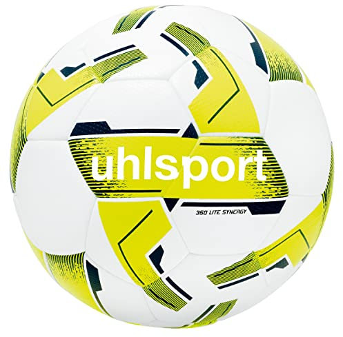 uhlsport 350 LITE SYNERGY, Junior Spiel- und Trainingsball, Fußball, für Kinder zwischen 10 und 12 Jahren, Größe 5, weiß/fluo gelb/marine