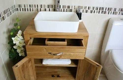Wooden Bathroom Vanity with Sink - Natural Oak Bathroom Sink Cabinet Wash Basin with Oak Top - Single Vanity Unit with Chromed Mixer Tap - Rectangle Bowl (502CBC)