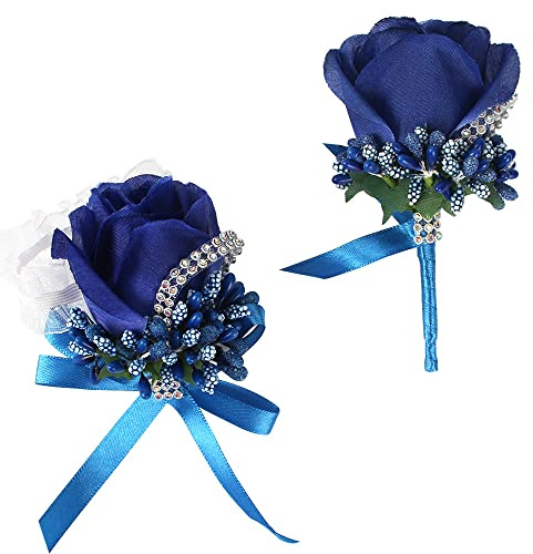 WANLIAN Corsage und Boutonniere Set Handgelenk Corsage Hochzeit Blumen Brautjungfer Handgelenk Blume Rose Corsage Armband für Hochzeit Abschlussball Party Hand Blume Dekor 2 Stück (blau)