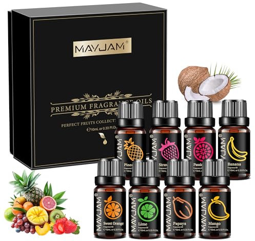 MAYJAM Fruity Fragrance Essential Oils Set 8 x 10ML, Fruits Scented Oils for Diffuser - Sweet Orange/Strawberry/Mango/Pineapple/Papaya/Lime/Banana/Passion Fruit