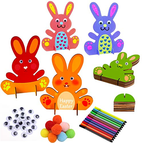 Abnaok 10 Stück Hasen aus Holz zum Bemalen, Ostern Basteln Kinder, DIY Osterhase Deko mit Bunte Mini Pompons und Kulleraugen und Aquarellpinsel Set für Kinder Ostern und Frühling zum Dekorieren