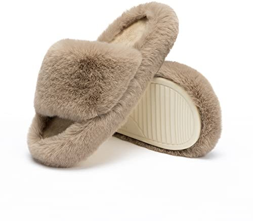 Chantomoo Damen-Hausschuhe Memory-Schaum Haus-und Schlafzimmer-Hausschuhe für Frauen flauschiger Plüsch bequem mit Kunstfell gefüttert Slide-Schuhe Geschenk,Hellbraunes,38/39 EU
