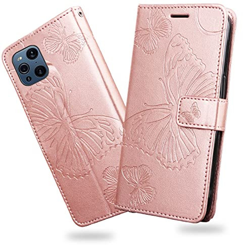 DENDICO Hülle für Oppo Find X3 / Oppo Find X3 Pro, PU Leder Magnetverschluss Flip Handyhülle Schutzhülle mit Standfunktion und Kartenfach für Oppo Find X3 / Oppo Find X3 Pro, Roségold