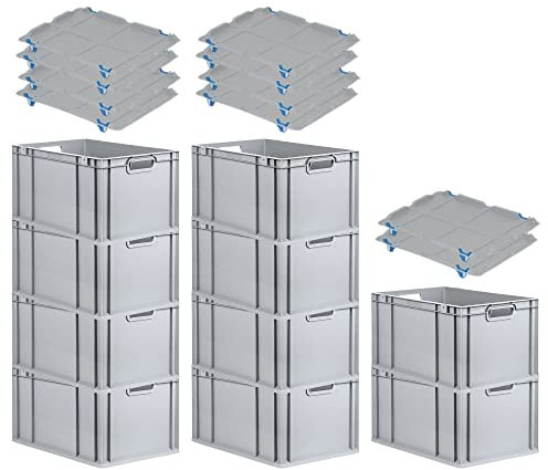 PROREGAL SparSet 10x Eurobox NextGen Grip mit Auflagedeckel & 4 blauen Schiebeschnappverschlüssen, HxBxT 32x40x60cm, 65 L, Grau, Griffe offen, Eurobehälter, Transportbox