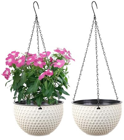 YuanDiann Hängende Blumentöpfe 2er Set, Selbstbewässerung Hängepflanztöpfe mit Wasserspeicher & Ablaufloch Bienenwabe Blumenampel mit Rostfrei Ketten für Innen Außen Decken Balkone Deko Beige S