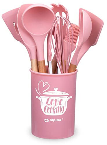alpina Juego de utensilios de cocina con soporte – 12 piezas – Utensilios de silicona con mango de madera – Rosa