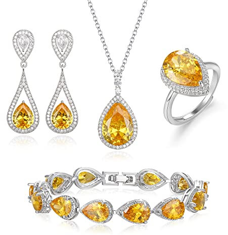 EVER FAITH Zirkonia Schmuck Set für Braut Hochzeit Teardrop Statement Anhänger Halskette, Ohrringe, öffnen Rin und Tennis Armband Geschenke Braun Silber-Ton