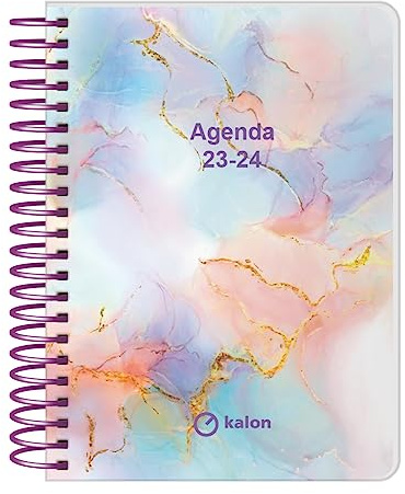 Q Kalon - Schülerkalender 2023-2024 (September bis Juni) - Tagesansicht - Größe: 11x15 cm (A6) - Zweisprachig: Spanisch und Englisch - Marble