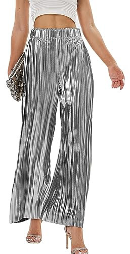 Fakanhui Palazzo Damen Hose Metallic Weites Bein Gold Silber Casual Kleid Abendparty Clubwear Hose, silberfarben, M