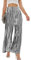 Fakanhui Palazzo Damen Hose Metallic Weites Bein Gold Silber Casual Kleid Abendparty Clubwear Hose, silberfarben, M