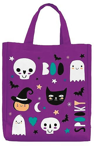 Folat 23854 - Happy Halloween - Leckerli Taschen Lila,Tragetaschen Party Geschenktüten Wiederverwendbar mit Griffen für Halloween Süßes oder Saures Gastgeschenke für Kinder, Partytüte
