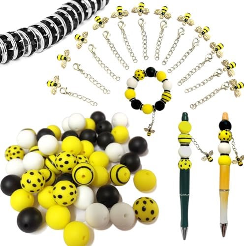 Gocelyn Bee Theme Silicone Beads for Beadable Pens, Black White Round Yellow Striped Silicone Loose Bee Printed Spacer Beads for DIY Crafts Necklace Bracelet Jewelry Keychain Making