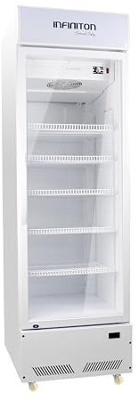 INFINITON Vitrina Frigorifica FCL-285-204 cm, Clase E, No Frost, Display luminoso superior, Puerta de cristal, Static Cooling System, Luz Led, Ruedas