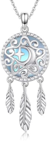 REDSUN Traumfänger- Halskette 925 Sterling Silber Mondstein Traumfänger Anhänger Stern Mond Feder Kette Traumfänger Schmuck Geschenke für Frauen Teenager Mädchen