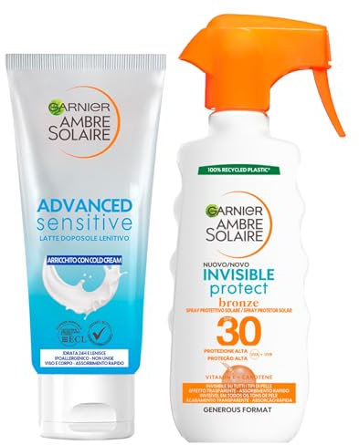 Garnier Ambre Solaire Advanced Sensitive After Sun Milch, beruhigend, mit Cold Cream für empfindliche Haut, 200 ml + unsichtbarer Schutz, Bronze unsichtbares Sonnenspray, LSF30, hoher Schutz, 300 ml