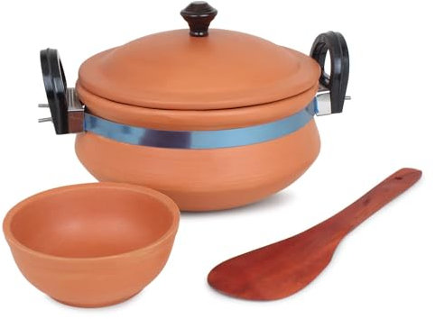 HIMANSH STORE Handi for Cooking and Serving with Lid Bowl Wooden Spatula Combo Clay Pot Terracotta Handmade Mud Mitti Ke Bartan Uncoated Pottery Storage Earthen India 2 Litre Lightweight & Durable