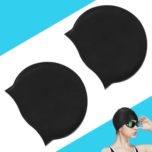 Cuffia da nuoto in silicone di alta qualità con rivestimento ripstop per il comfort e la resistenza allo scivolamento， Cuffia da nuoto per capelli lunghi e per donne, uomini，2 pezzi（nero）