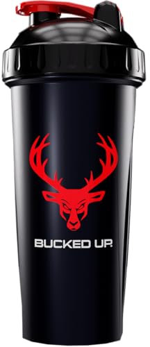 Bucked Up Perfect Shaker Bottle, 28oz, BPA-Free, Dishwasher Safe, Leak-Proof, Black Bottle with Red Buck Logo