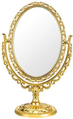 WOONEKY 1 Stück Goldener Schminkspiegel im Stehen, Vintage-Kosmetikspiegel, Klappspiegel für den Schreibtisch mit Ständer, rustikaler Standspiegel für Zuhause, Badezimmer, Schlafzimmer