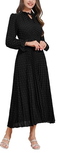 IDOPIP Women Fall Midi Dress Swiss Dot Long Sleeve Elegant Casual Flowy A-Line Dresses High Waisted Black XXL