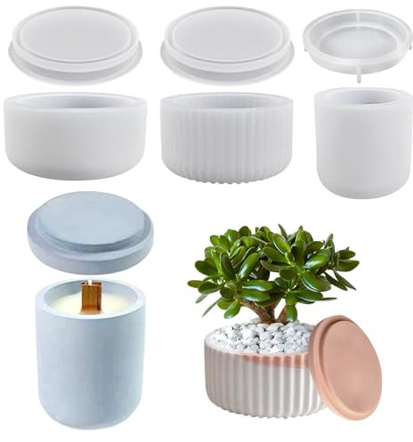 Pack of 3 Round Candle Holder Moulds with Lid, Bowl and Vase Silicone Moulds for Concrete and Resin Casting, Scented Candles