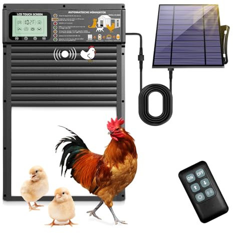 XRDZYXGS Wasserdichte Automatische Hühnerklappe Mit Solarbetrieb, Radarsensor, Timer, Lichtsensor, Großes Display und Fernbedienung für Geflügel (Schwarz)