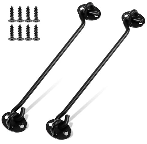 2 Pcs Hook and Eye Latch, Heavy Duty Stainless Steel Cabin Hook, 8In Black Gate Hook Lock Sliding Barn Door Latch Lock, Barn Door Swivel Window Hook Lock, Door Catch Hook for Shed Gate or Garage Door