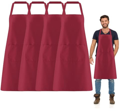 FUIPVGI 4 Stück Kochschürze für die Küche, Übergröße Kochschürze, Küchenschürzen für Männer Damen mit 2 Taschen zum Kochen, Grillen, Malen, Hausarbeit, Kellner (Weinrot)